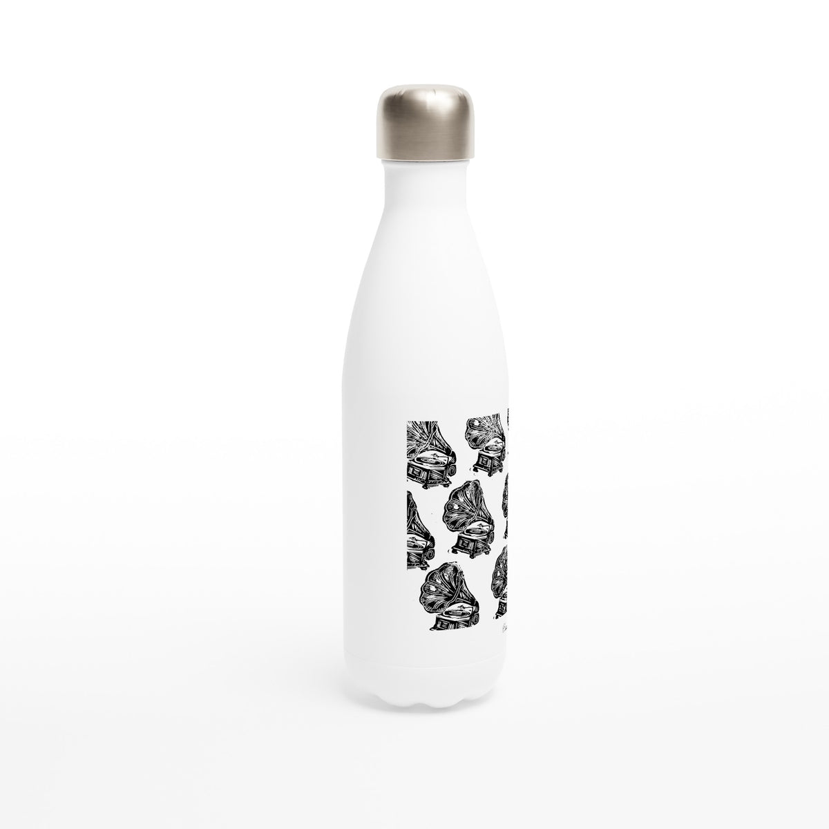 Trinkflasche aus Edelstahl mit Linolschnitt «Grammophone» – Ansicht 2