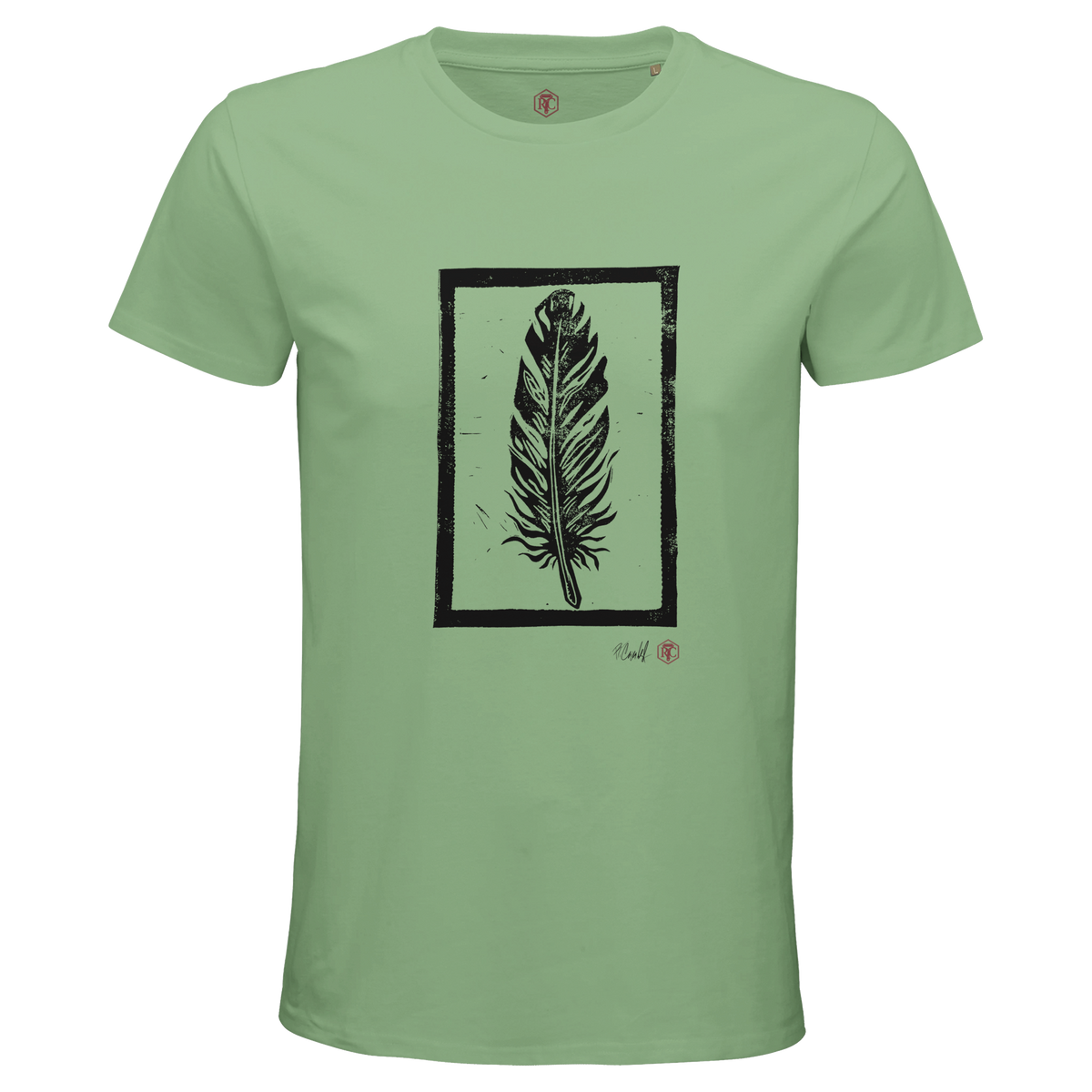 Organic cotton T-shirt with the linocut “Feather” – apple green, men’s cut