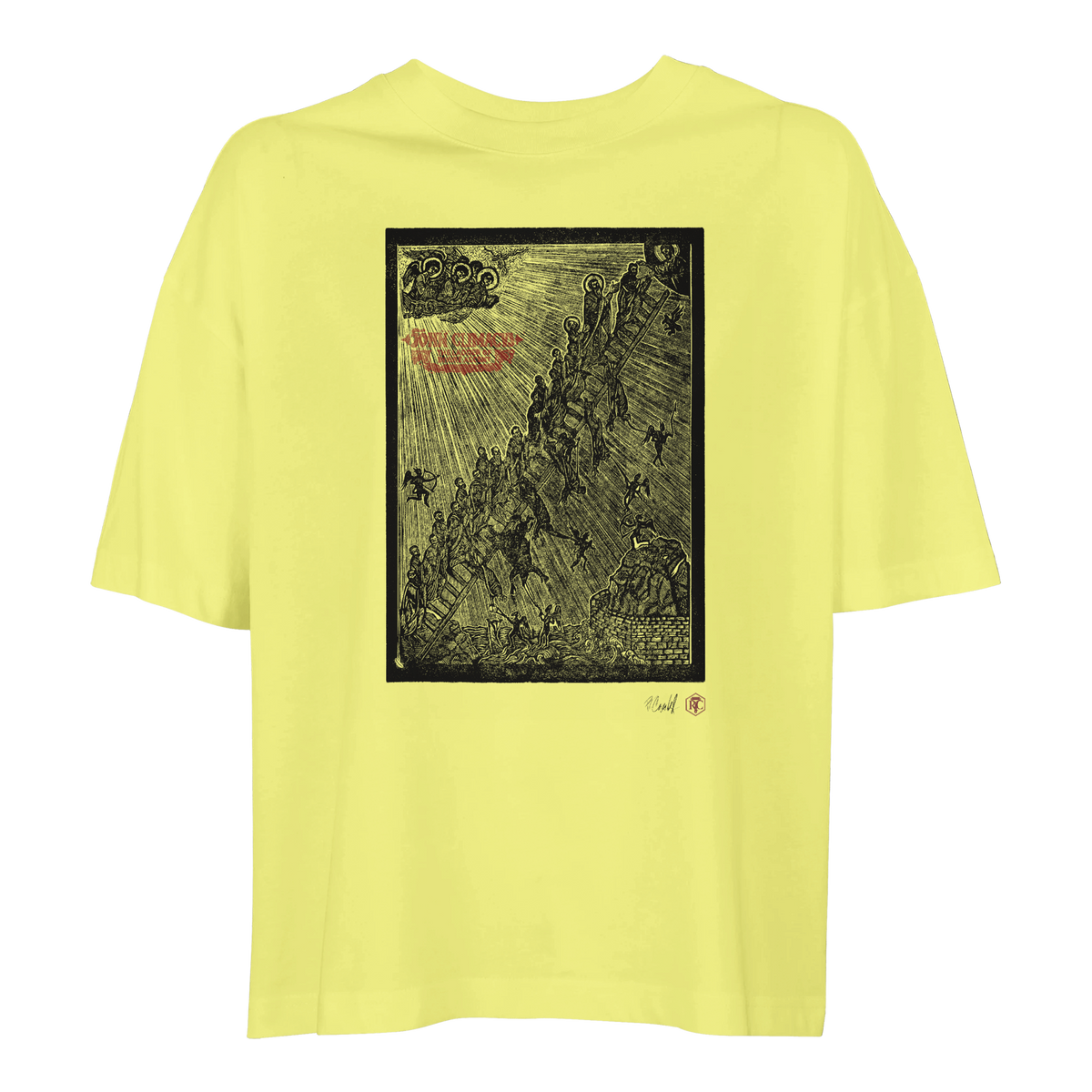 Organic cotton T-shirt with the linocut “The Ladder” – light yellow, women’s cut