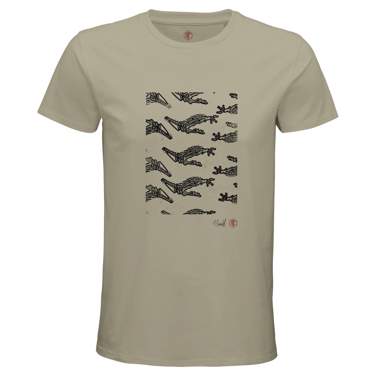 Organic cotton T-shirt with the linocut “Claws” – sand, men’s cut