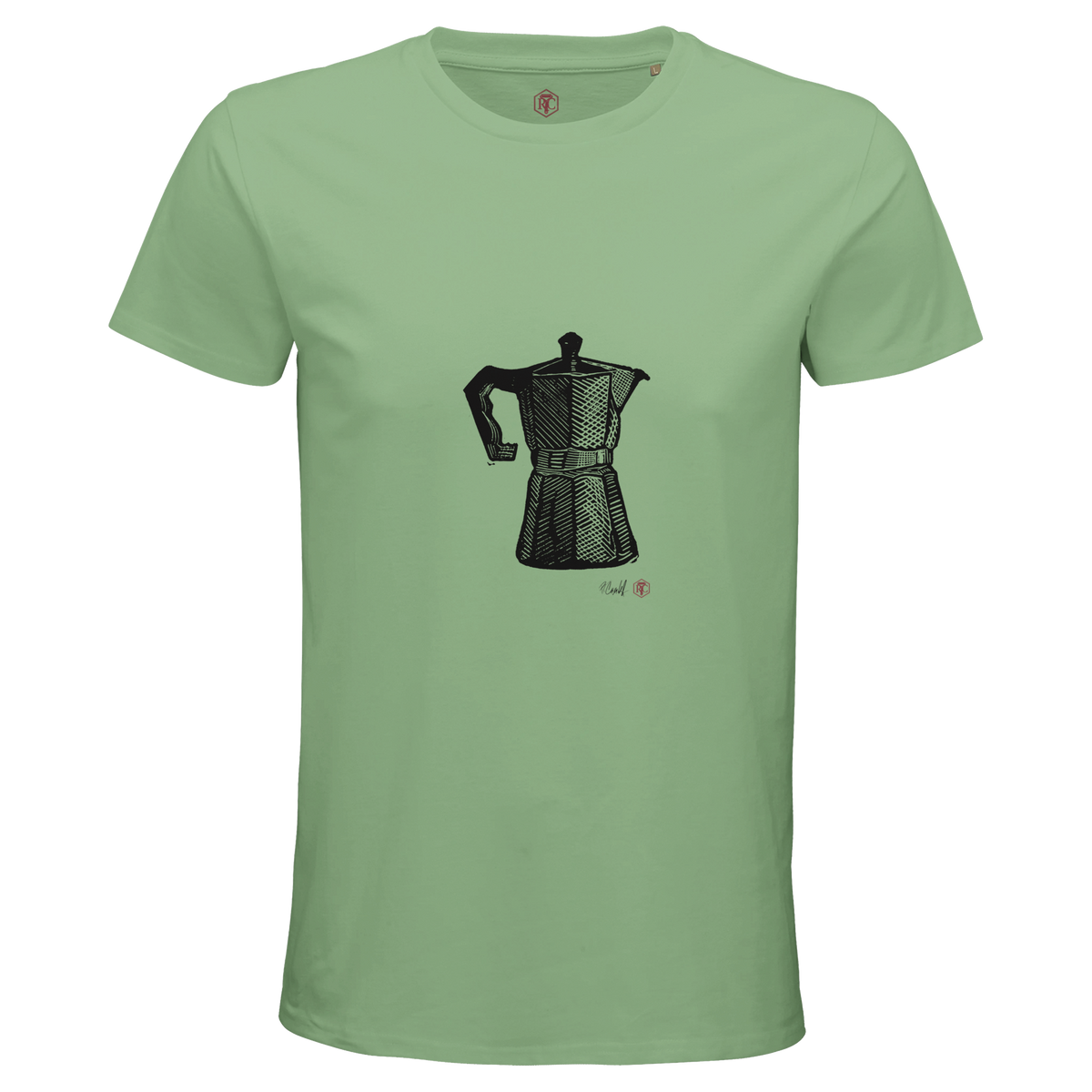 Organic cotton T-shirt with the linocut “Moka Pot” – apple green, men’s cut