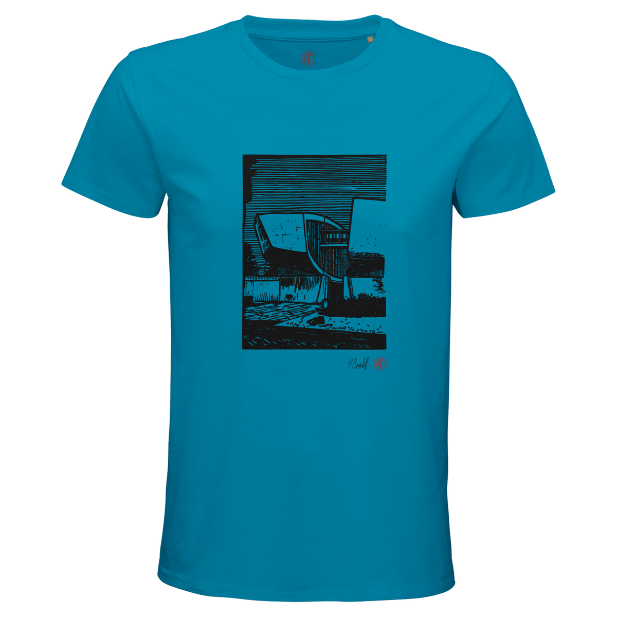 Organic cotton T-shirt with the linocut “SNP” – aqua, men’s cut