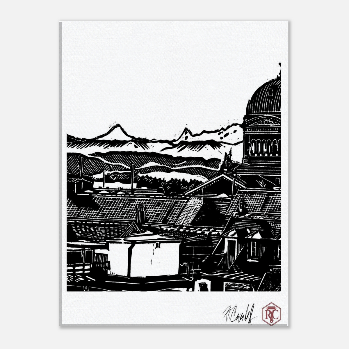 Canvas print 30 × 40 cm with the linocut “Above Bern” – front view