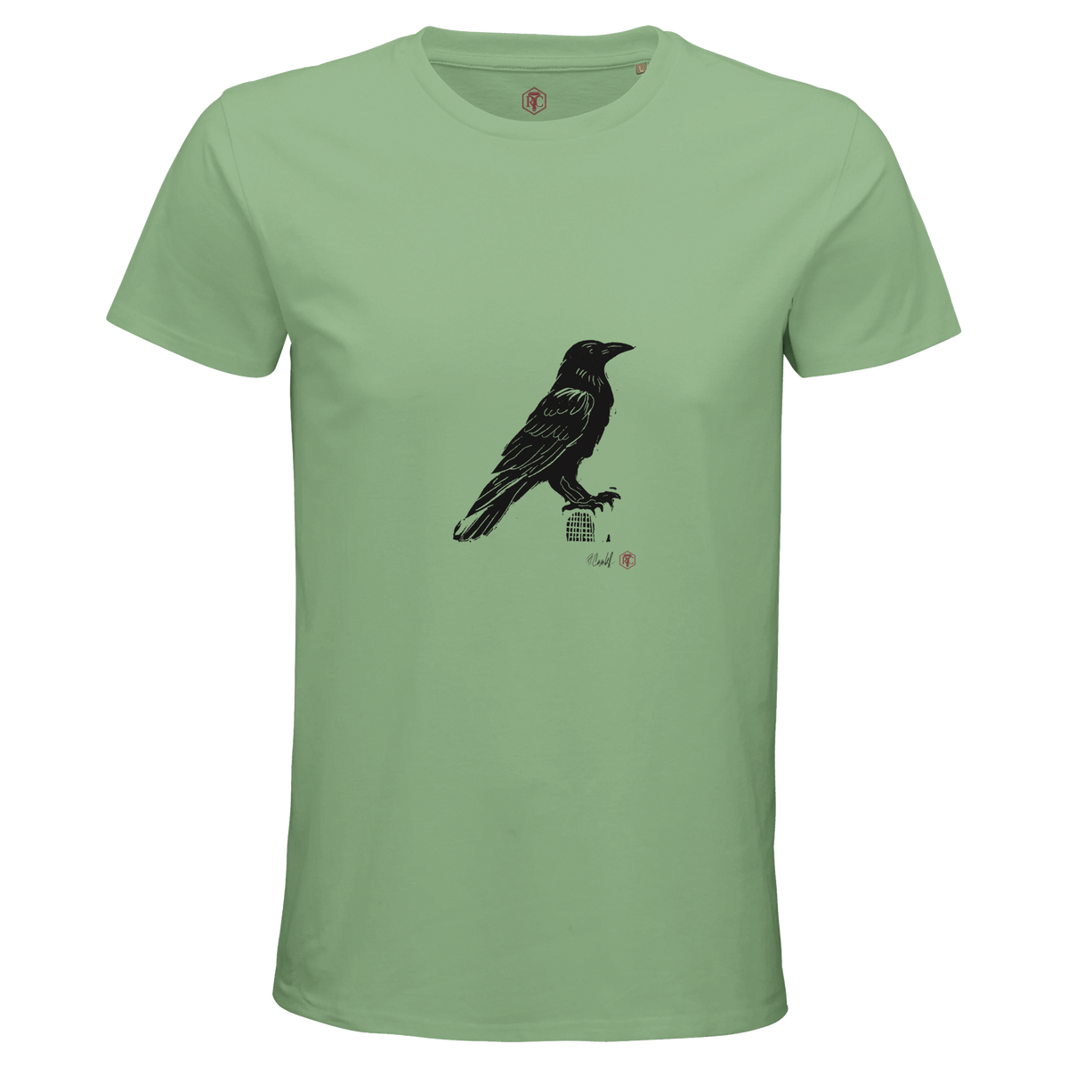 Organic cotton T-shirt with the linocut “Raven” – apple green, men’s cut