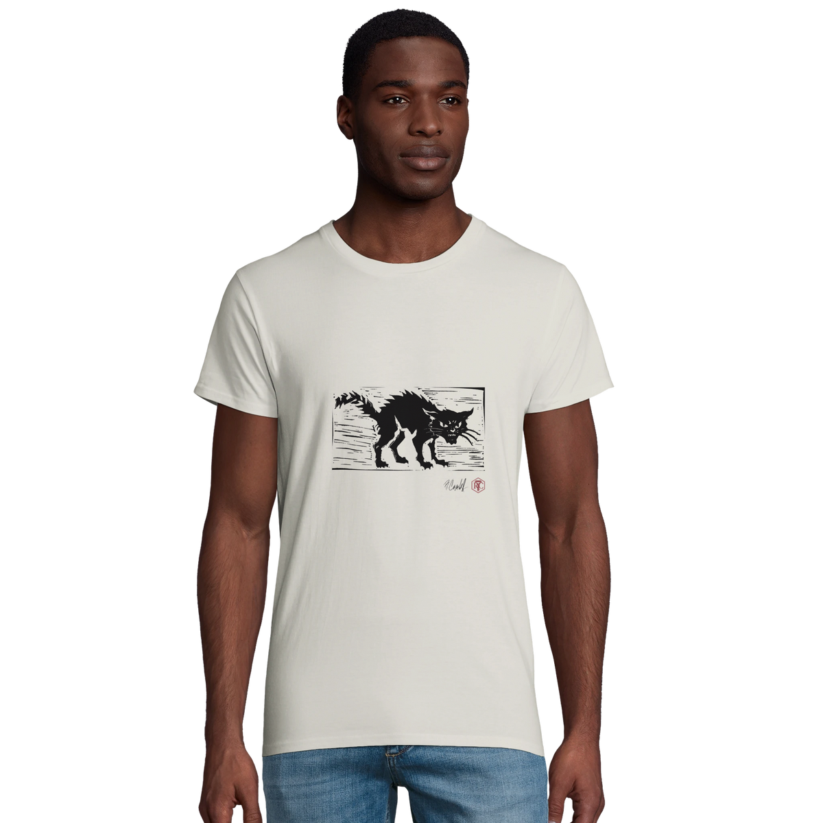 Model wearing T-shirt “Cat”, ash grey, men’s cut – front view