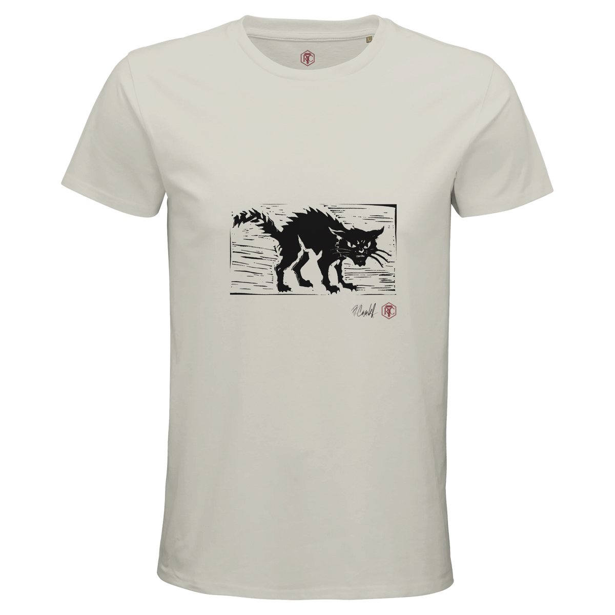Organic cotton T-shirt with the linocut “Cat” – ash grey, men’s cut