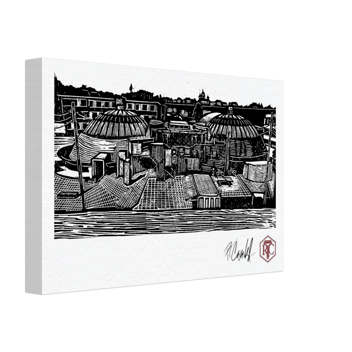 Canvas print with the linocut “The Domes” – side view