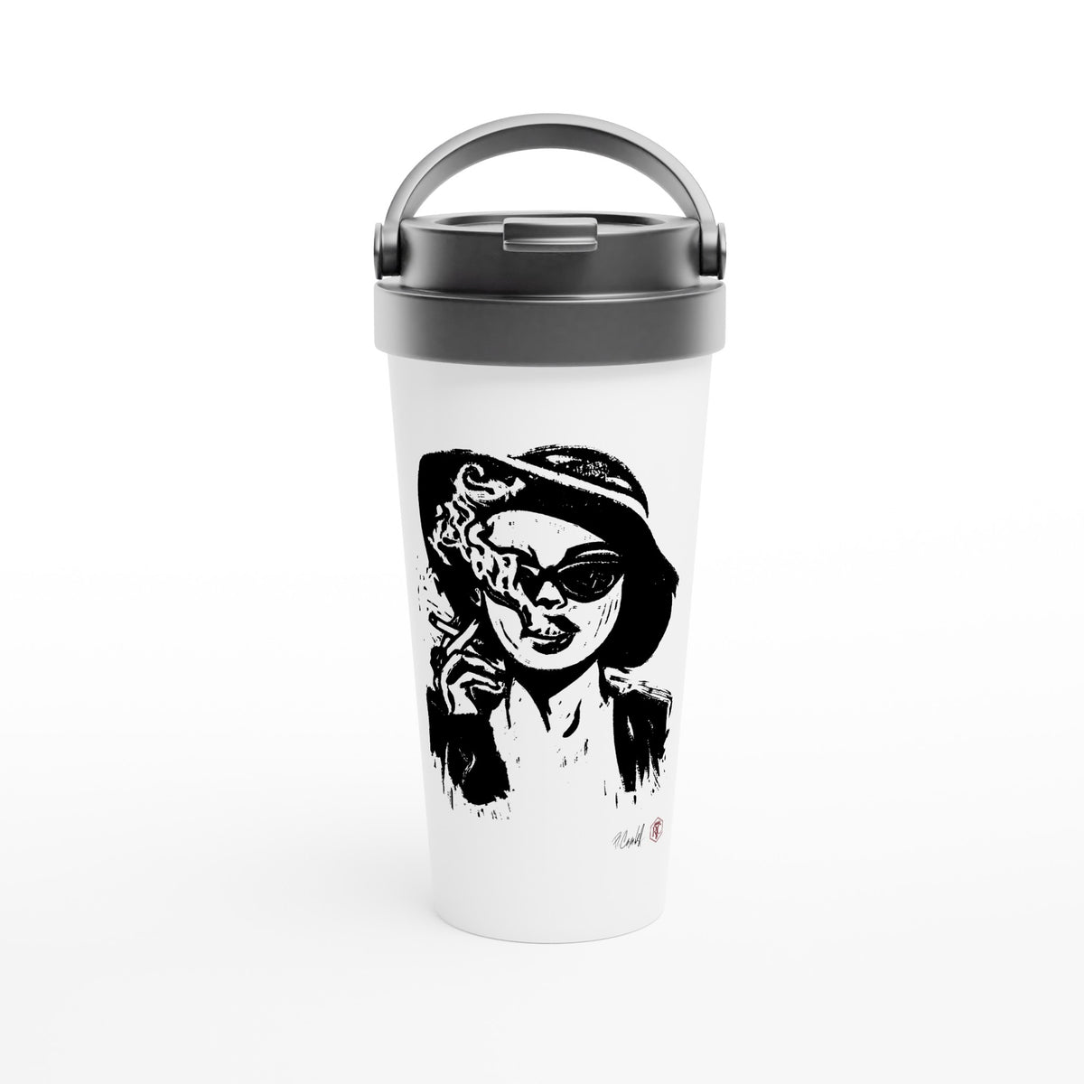 Stainless steel travel mug with the linocut “Smoke” – view 1