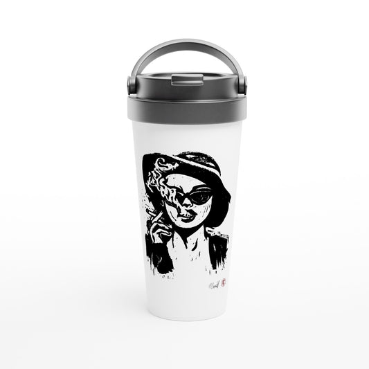 Stainless steel travel mug with the linocut “Smoke” – view 1
