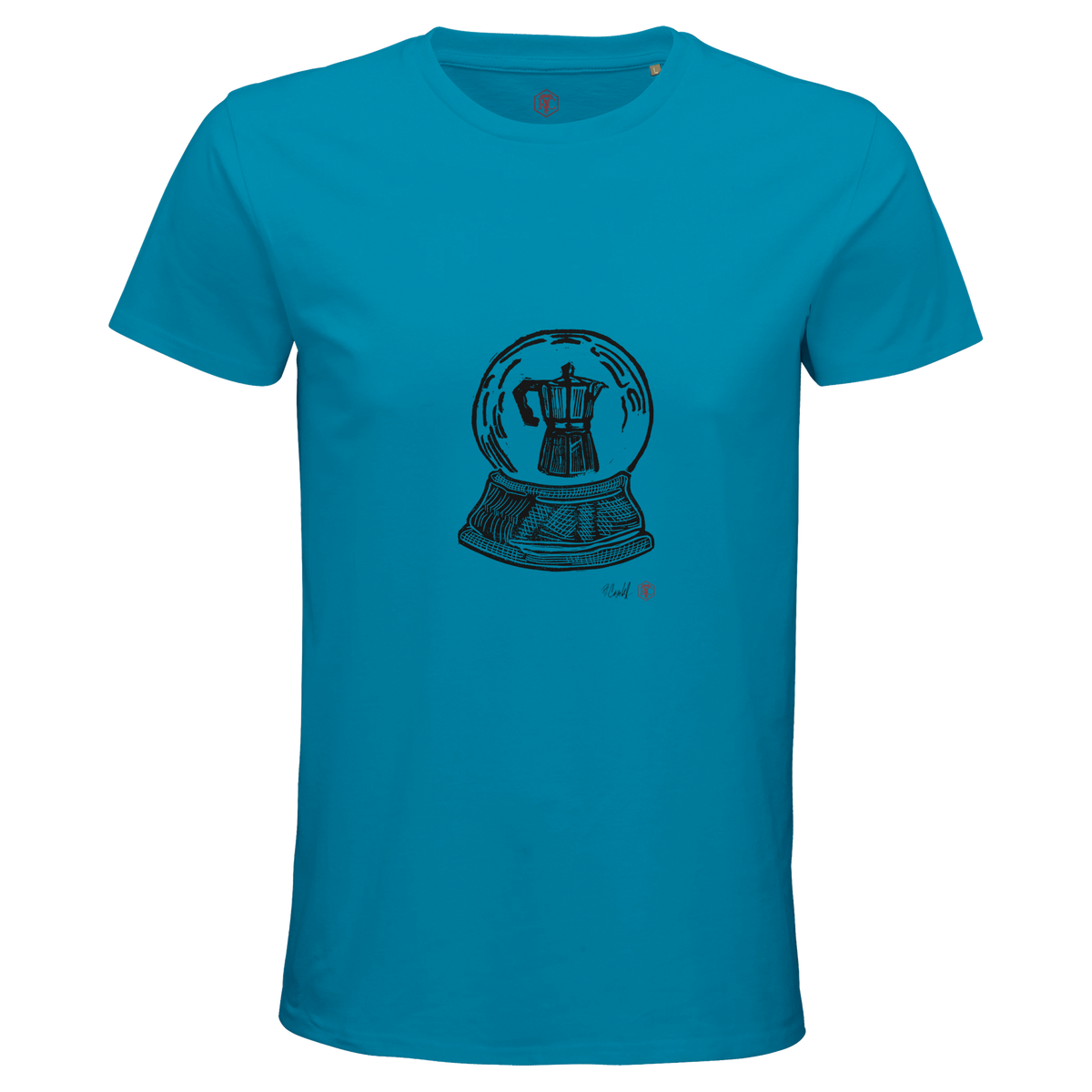 Organic cotton T-shirt with the linocut “Snow Globe Moka Pot” – aqua, men’s cut