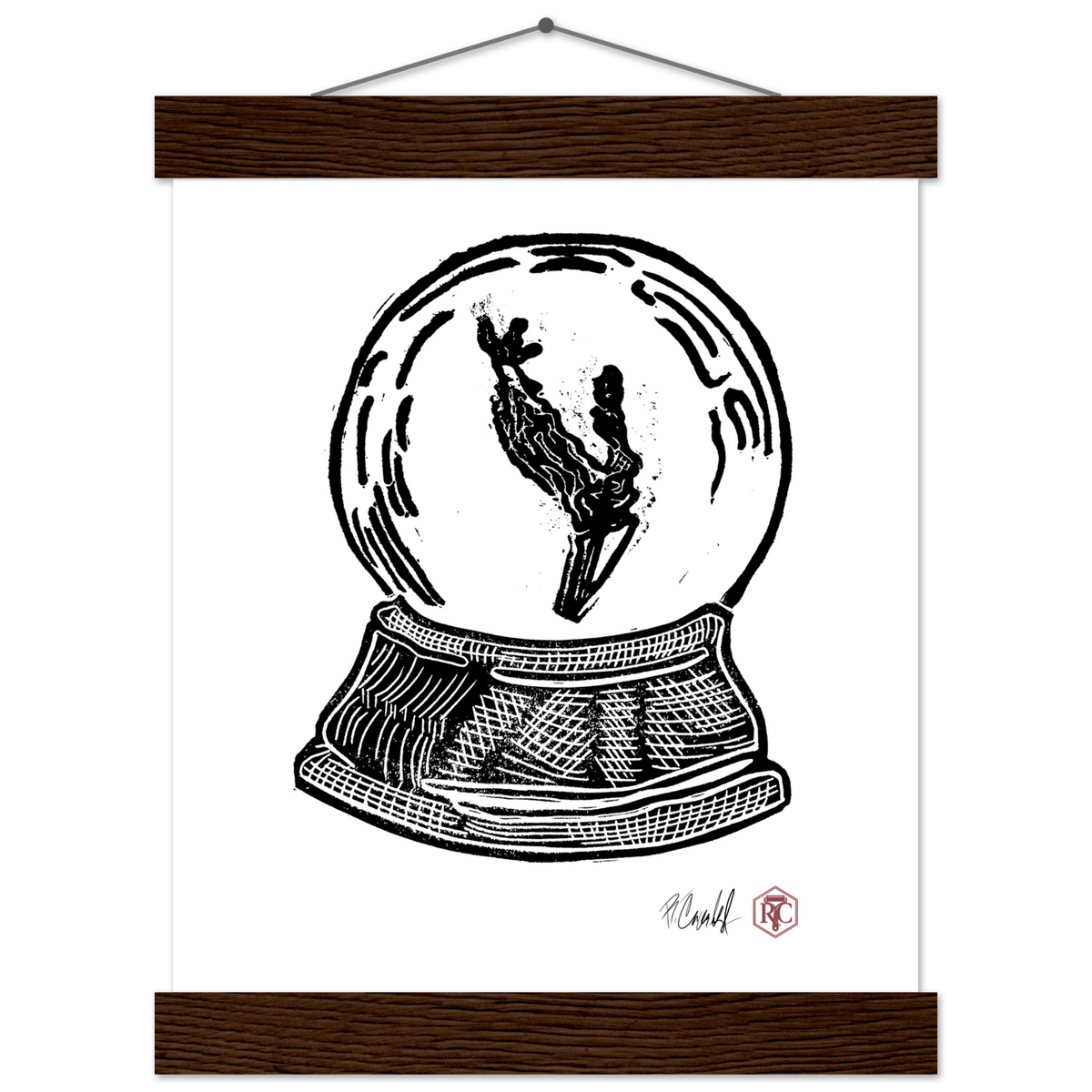 Poster 20 × 25 cm with wooden hanger, linocut “Snow Globe Branch” – front view