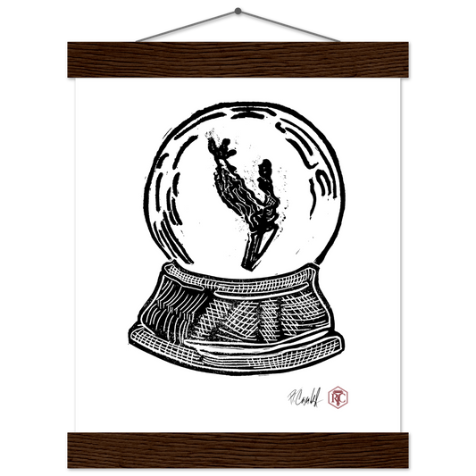 Poster 20 × 25 cm with wooden hanger, linocut “Snow Globe Branch” – front view