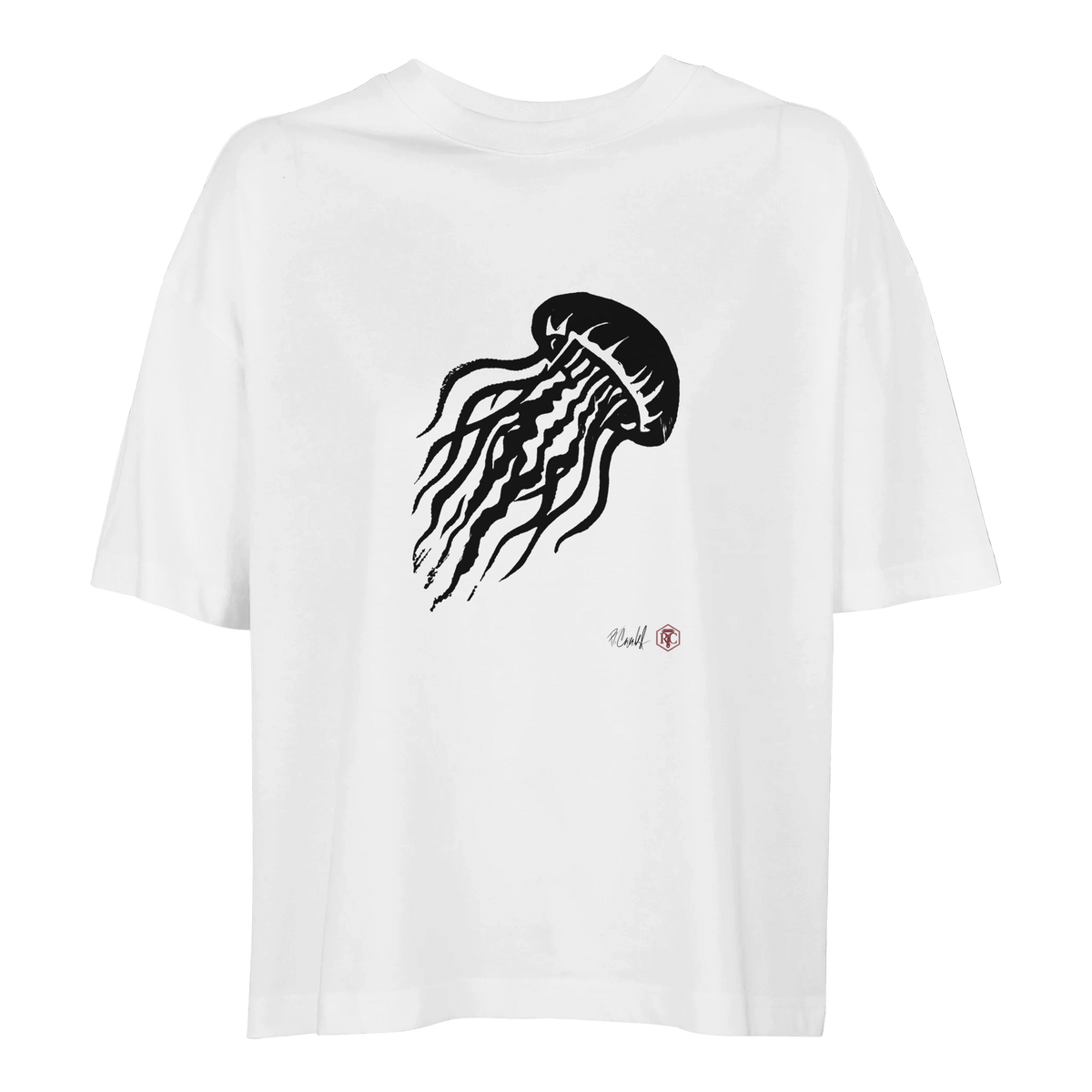 Organic cotton T-shirt with the linocut “Jellyfish” – white, women’s cut