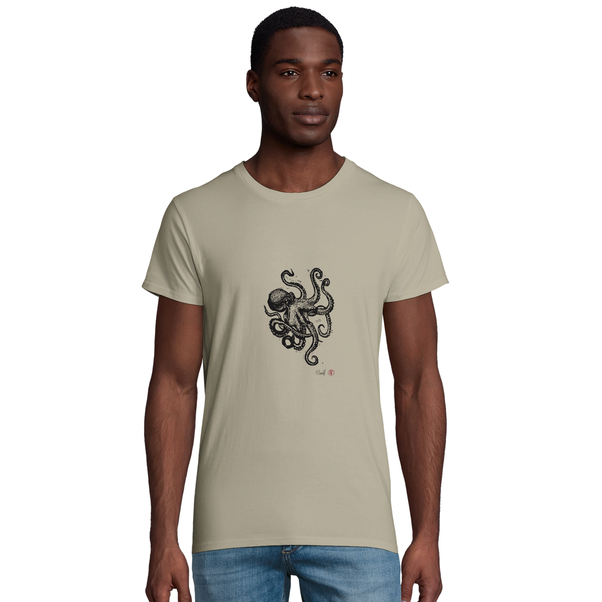 Model wearing T-shirt “Octopus”, sand, men’s cut – front view