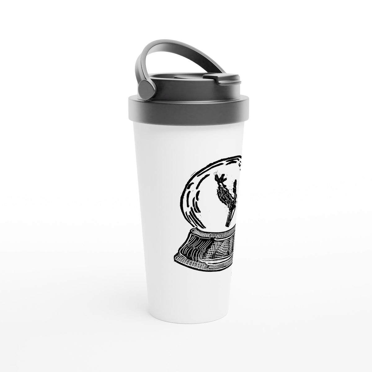 Stainless steel travel mug with the linocut “Snow Globe Branch” – view 2