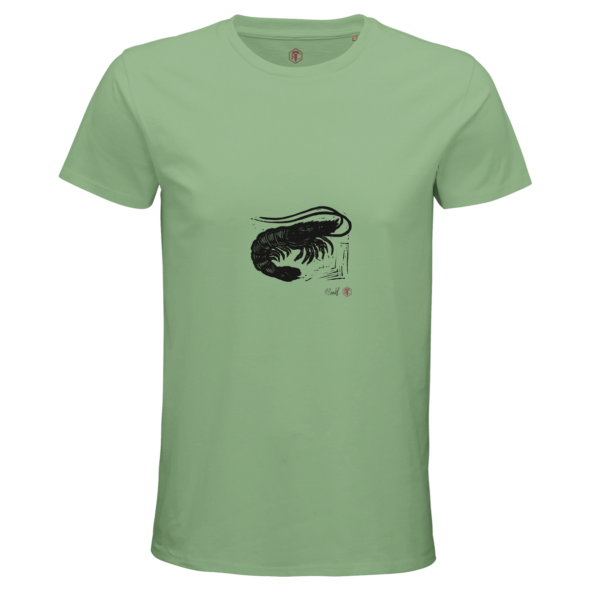 Organic cotton T-shirt with the linocut “Shrimp” – apple green, men’s cut