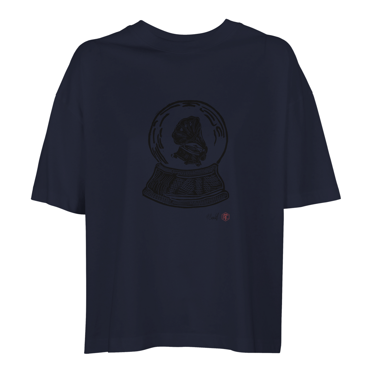 Organic cotton T-shirt with the linocut “Snow Globe Gramophone” – navy blue, women’s cut