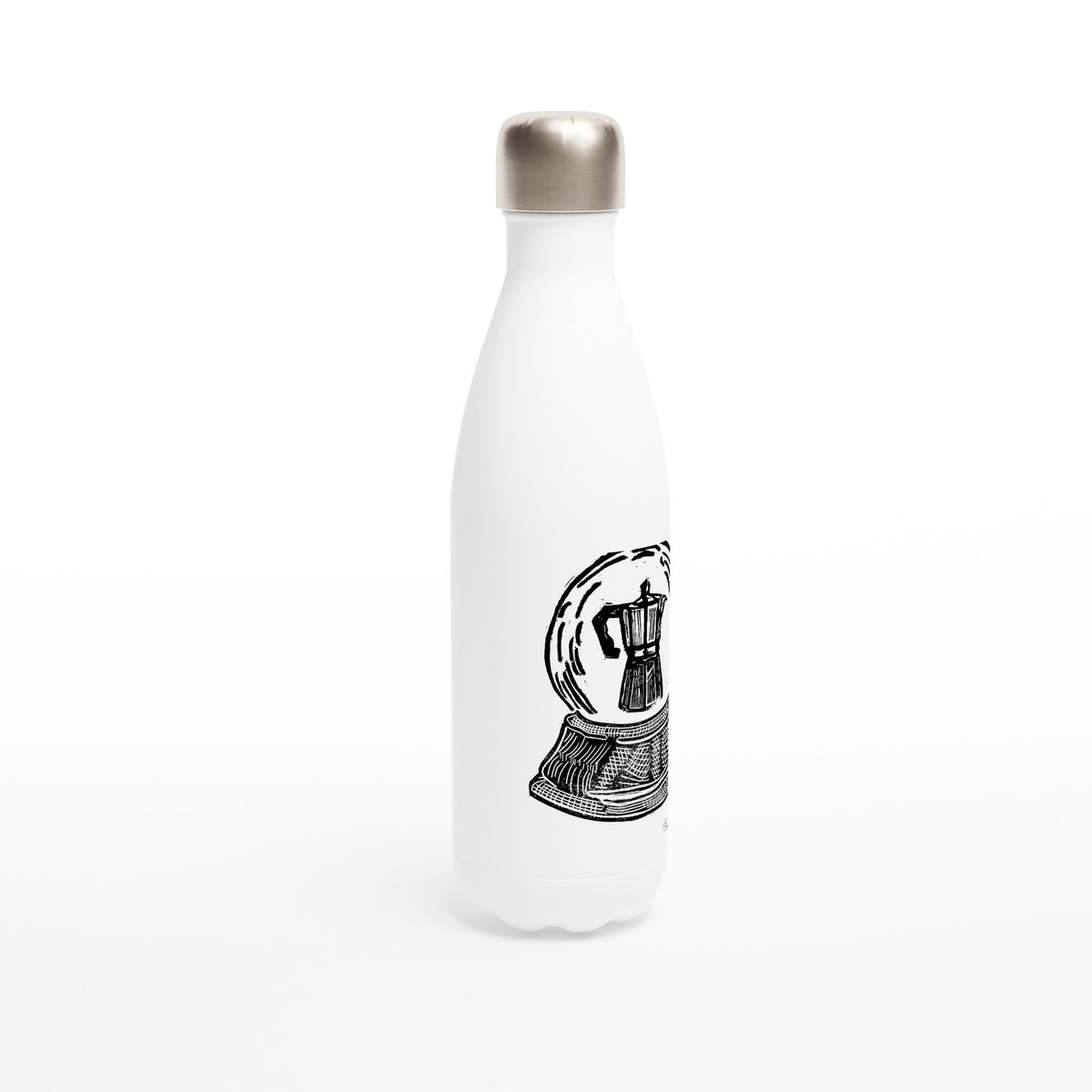 Stainless steel bottle with the linocut “Snow Globe Moka Pot” – view 2