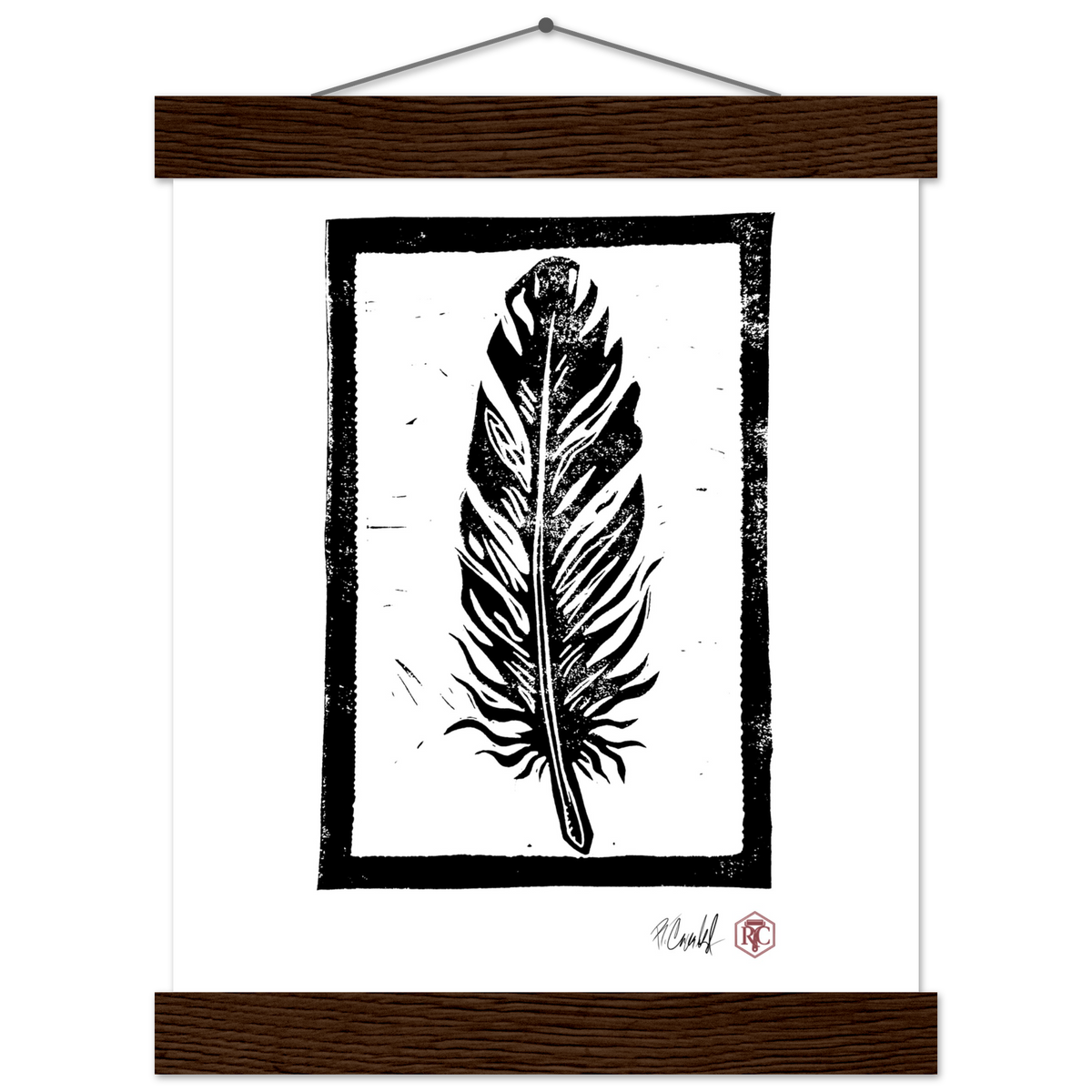 Poster 20 × 25 cm with wooden hanger, linocut “Feather” – front view