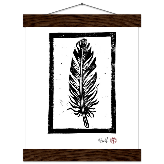 Poster 20 × 25 cm with wooden hanger, linocut “Feather” – front view