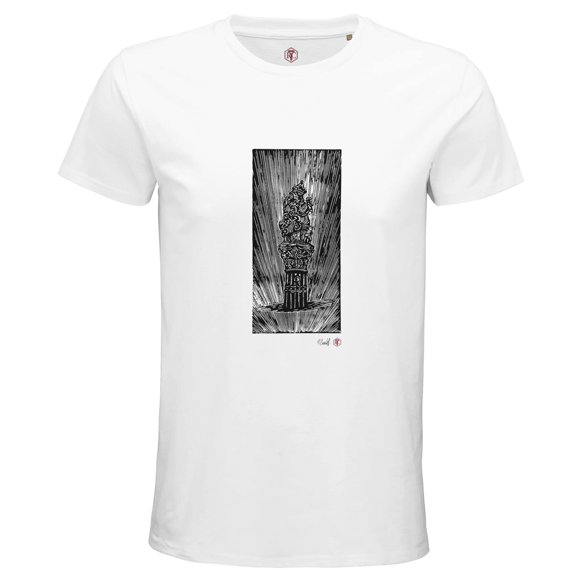 Organic cotton T-shirt with the linocut “The Fountain, Bern” – white, men’s cut