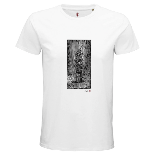 Organic cotton T-shirt with the linocut “The Fountain, Bern” – white, men’s cut