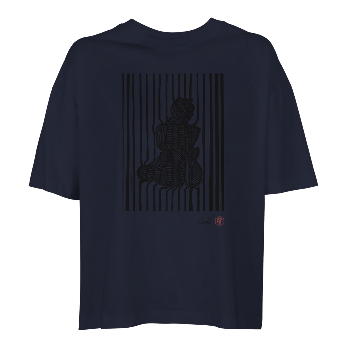 Organic cotton T-shirt with the linocut “Stripes” – navy blue, women’s cut
