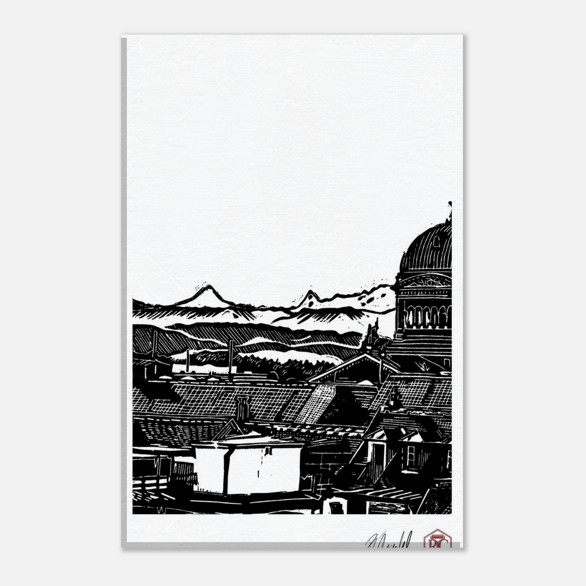 Canvas print 20 × 30 cm with the linocut “Above Bern” – front view