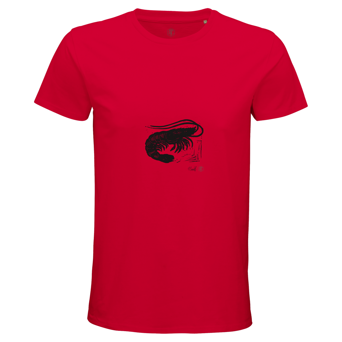 Organic cotton T-shirt with the linocut “Shrimp” – red, men’s cut