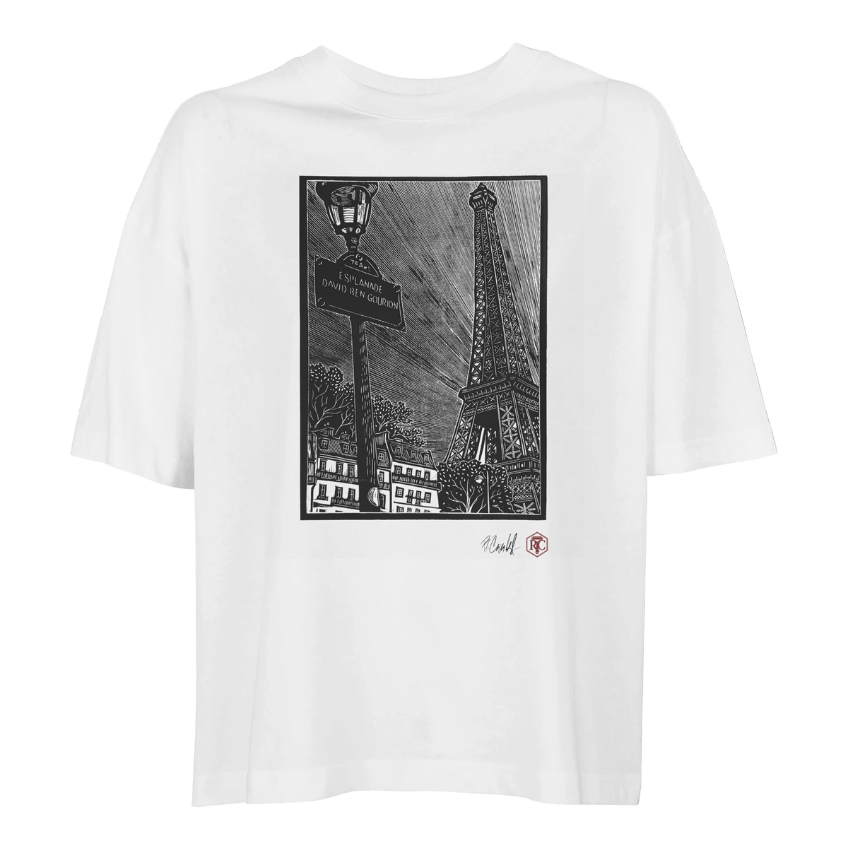 Organic cotton T-shirt with the linocut “Esplanade, Paris” – white, women’s cut