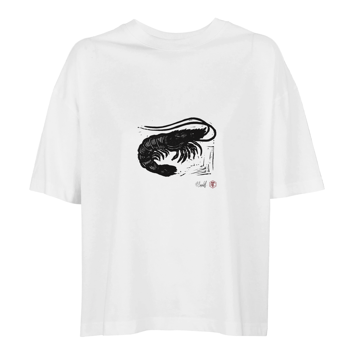 Organic cotton T-shirt with the linocut “Shrimp” – white, women’s cut