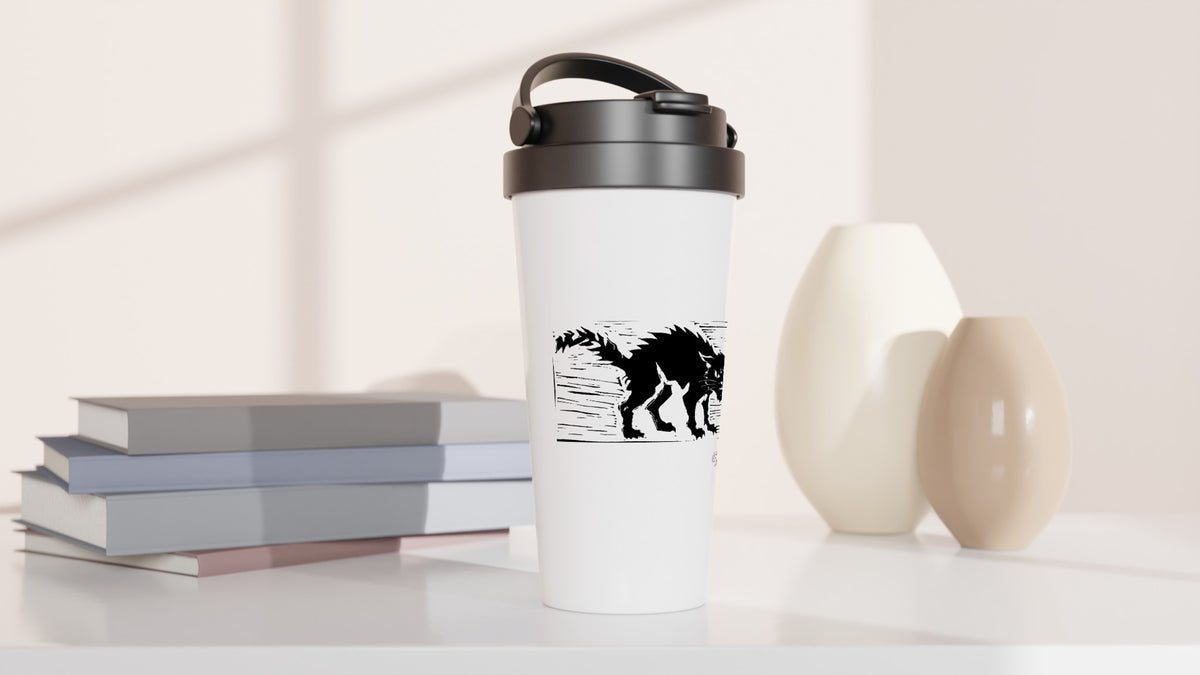Stainless steel travel mug with the linocut “Cat” – view 3