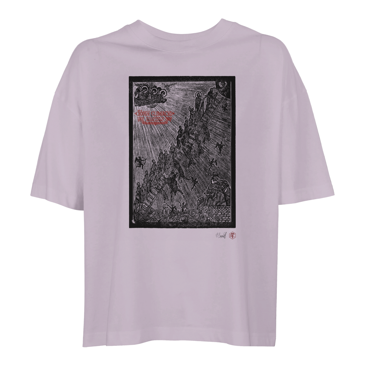 Organic cotton T-shirt with the linocut “The Ladder” – lilac, women’s cut