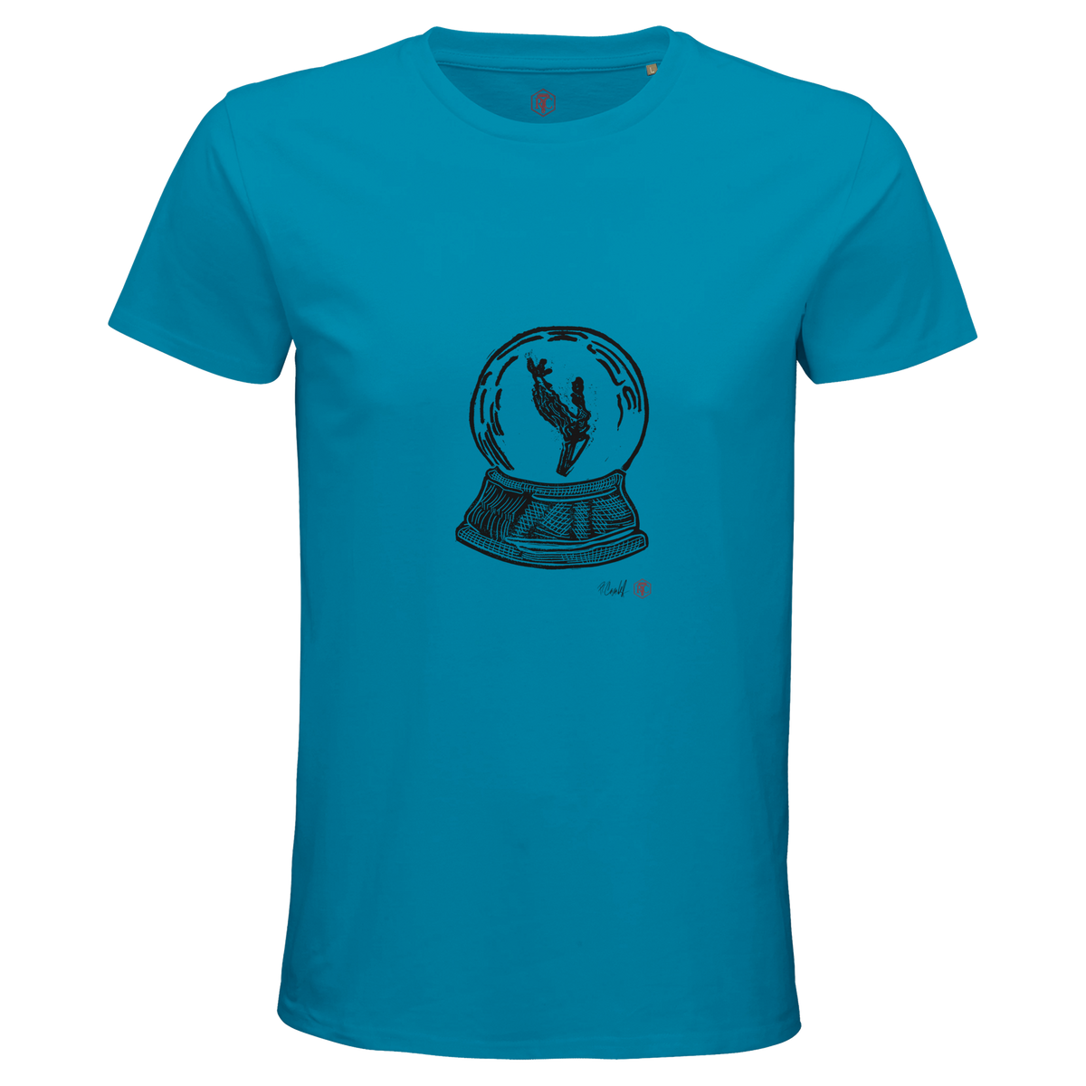 Organic cotton T-shirt with the linocut “Snow Globe Branch” – aqua, men’s cut