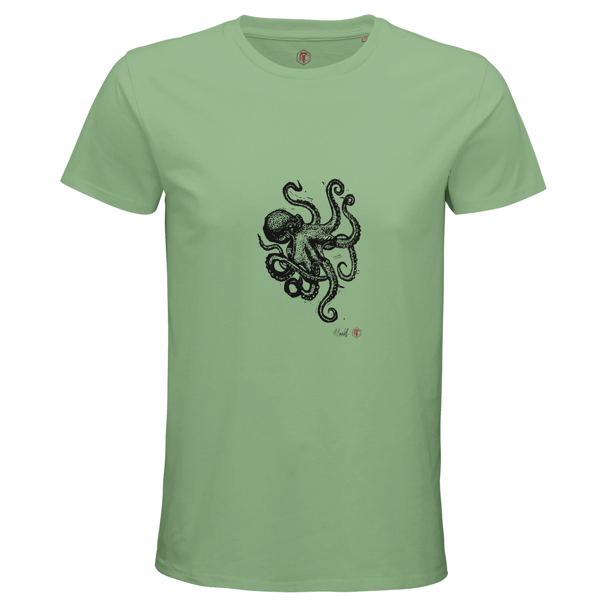 Organic cotton T-shirt with the linocut “Octopus” – apple green, men’s cut