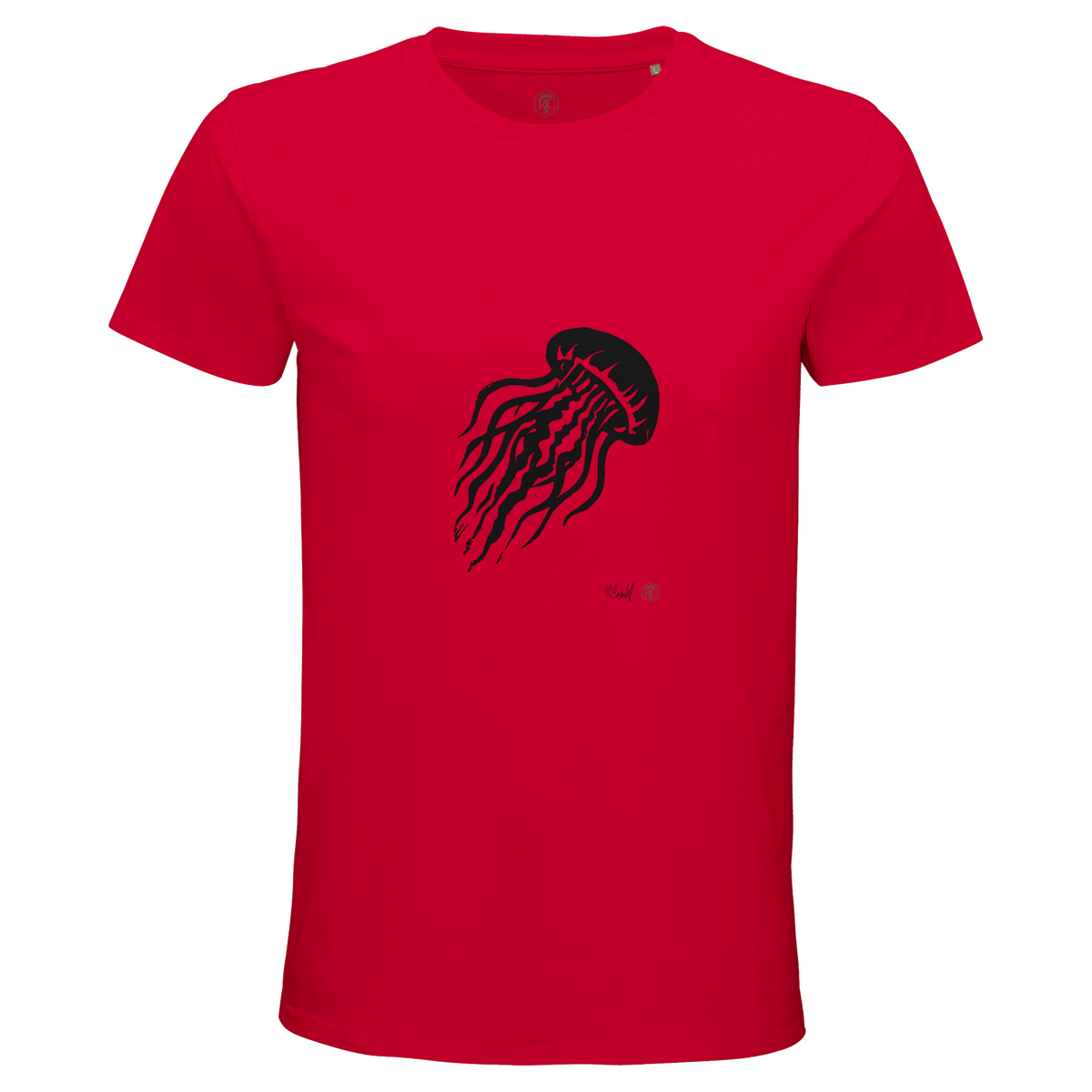 Organic cotton T-shirt with the linocut “Jellyfish” – red, men’s cut