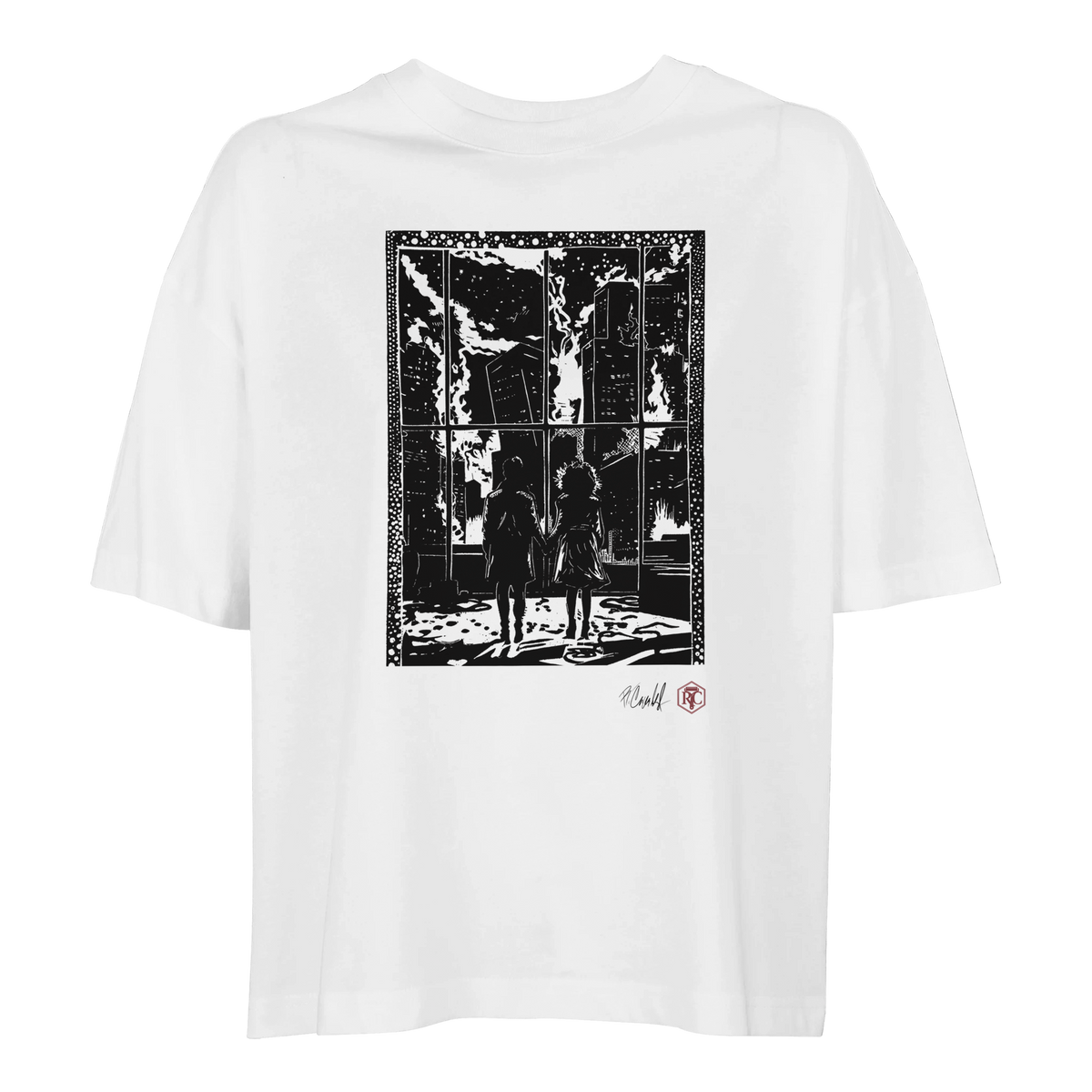 Organic cotton T-shirt with the linocut “The Window” – white, women’s cut