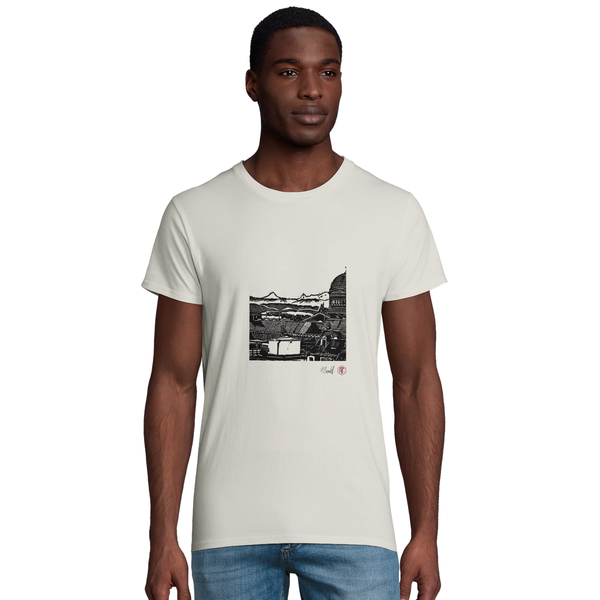 Model wearing T-shirt “Above Bern”, ash grey, men’s cut – front view