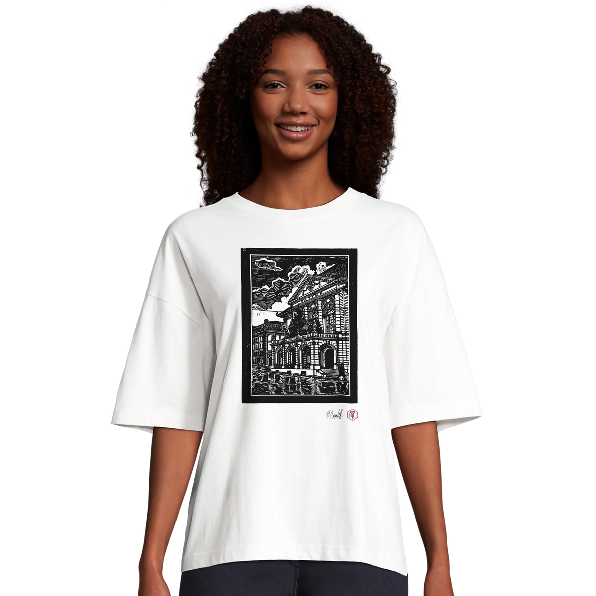 Model wearing T-shirt “Casino Bern”, white, women’s cut – front view