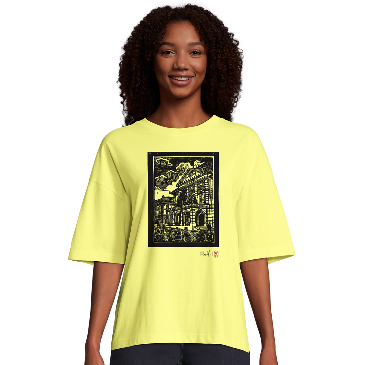 Model wearing T-shirt “Casino Bern”, light yellow, women’s cut – front view