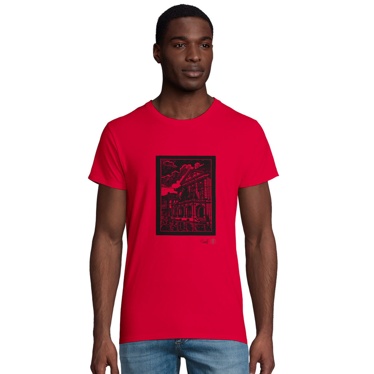 Model wearing T-shirt “Casino Bern”, red, men’s cut – front view
