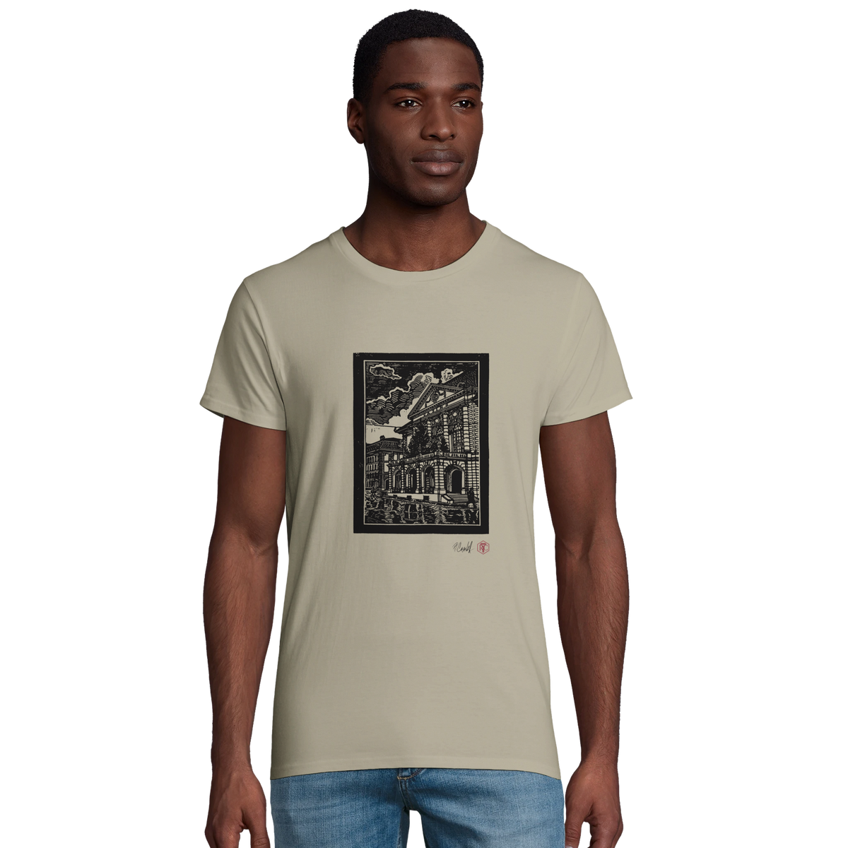 Model wearing T-shirt “Casino Bern”, sand, men’s cut – front view