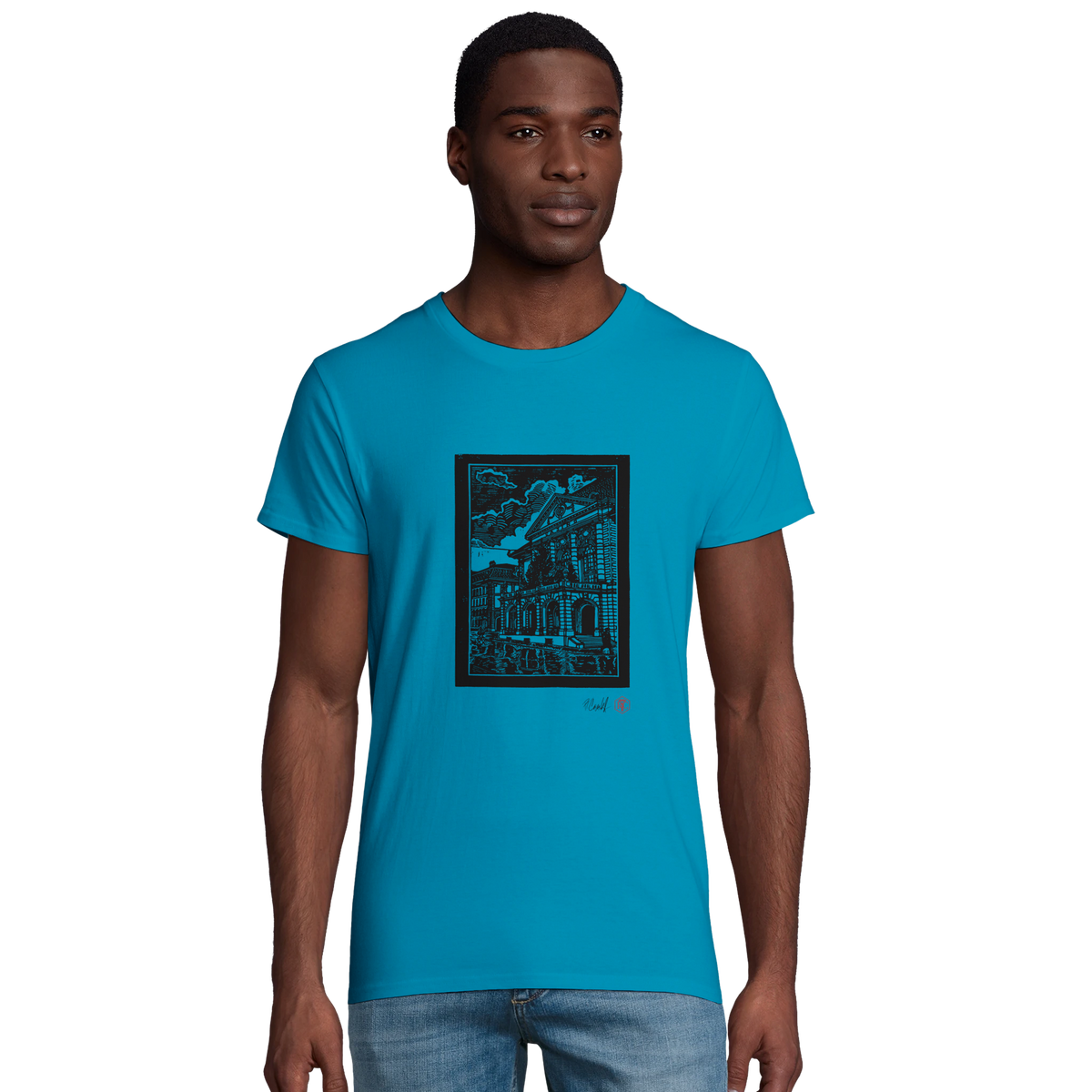 Model wearing T-shirt “Casino Bern”, aqua, men’s cut – front view
