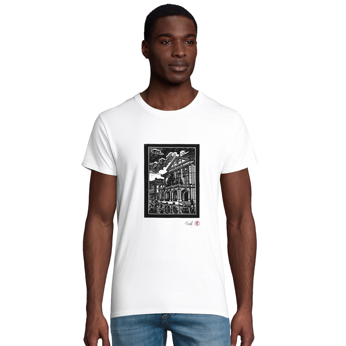 Model wearing T-shirt “Casino Bern”, white, men’s cut – front view
