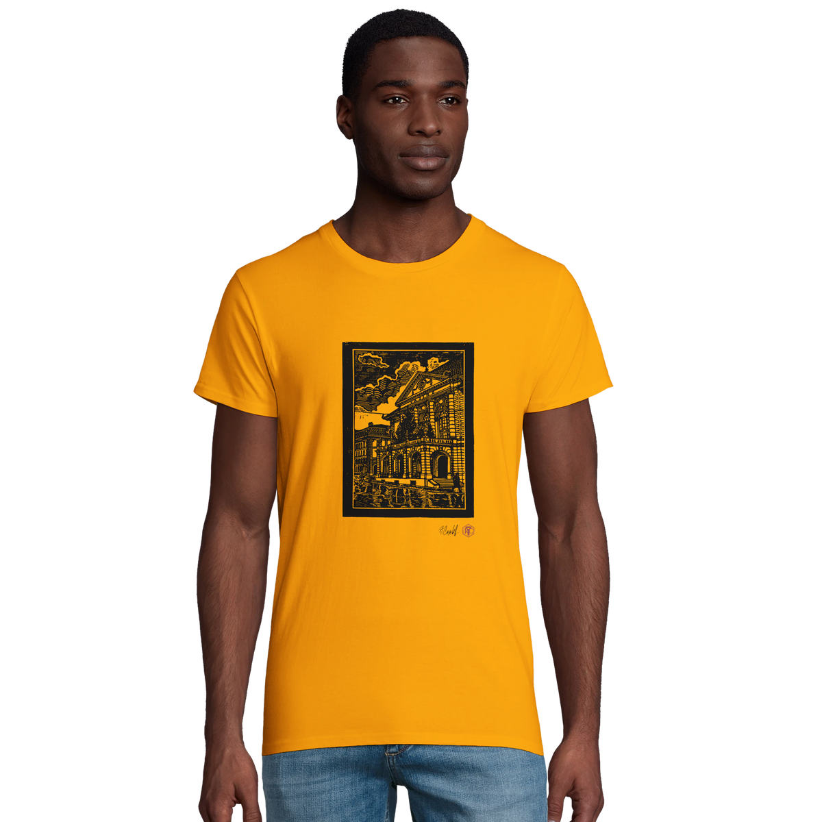Model wearing T-shirt “Casino Bern”, gold, men’s cut – front view