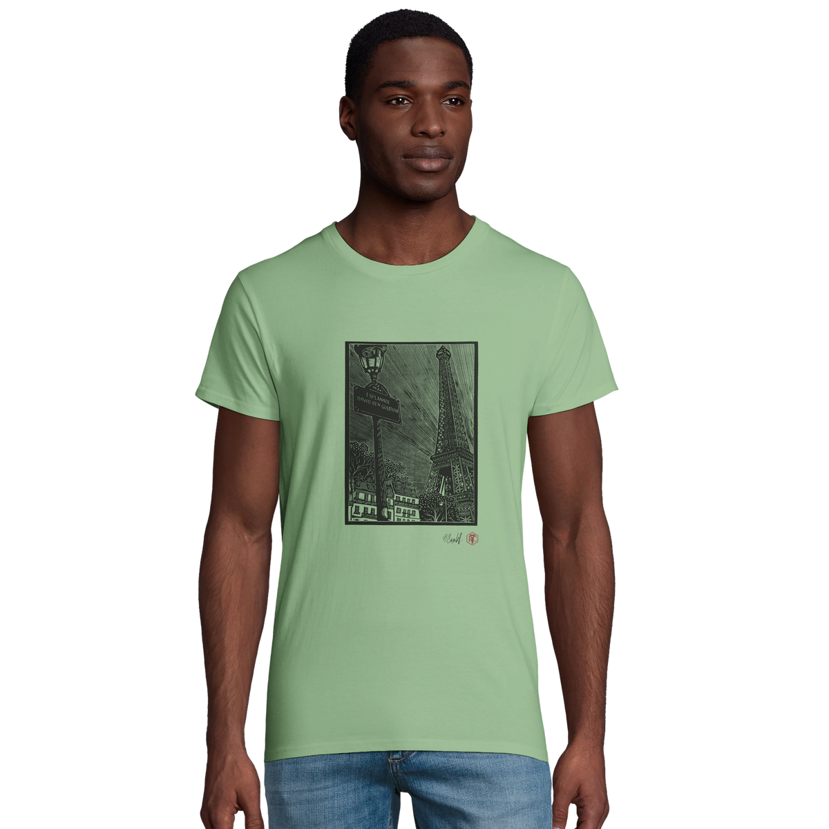 Model wearing T-shirt “Esplanade, Paris”, apple green, men’s cut – front view