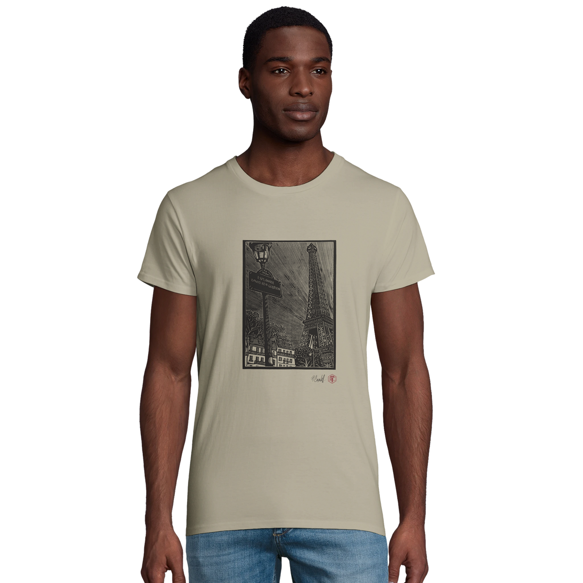 Model wearing T-shirt “Esplanade, Paris”, sand, men’s cut – front view
