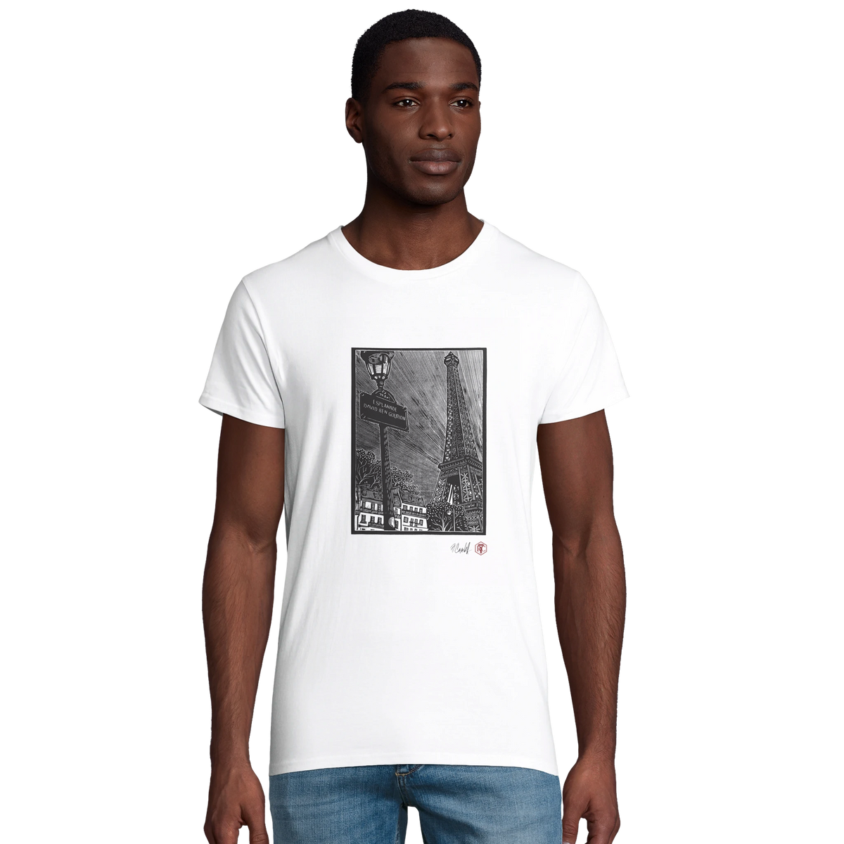 Model wearing T-shirt “Esplanade, Paris”, white, men’s cut – front view