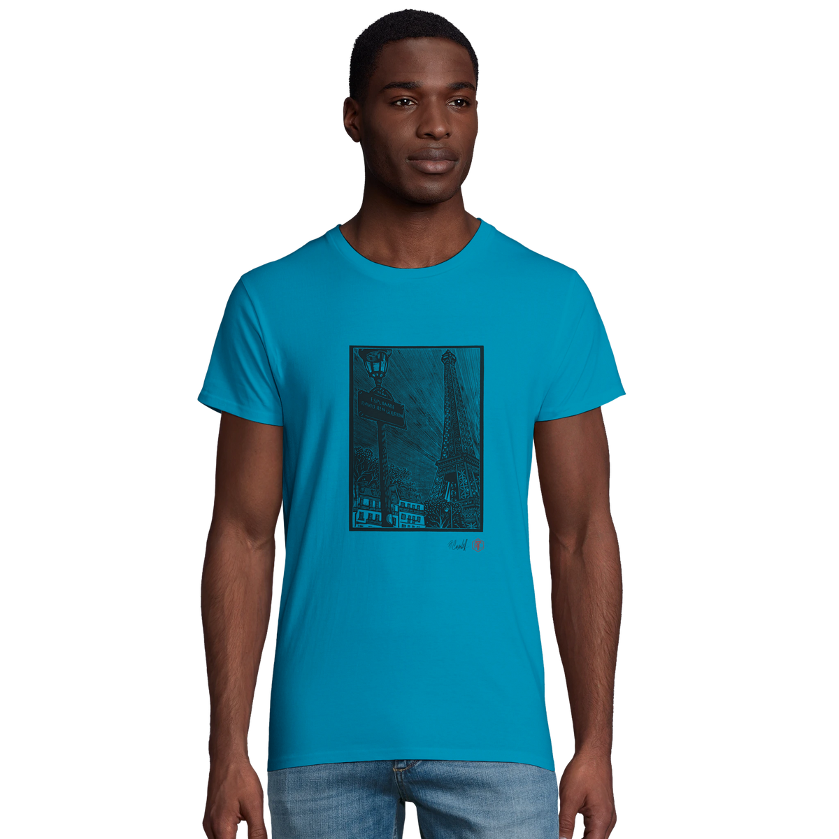 Model wearing T-shirt “Esplanade, Paris”, aqua, men’s cut – front view