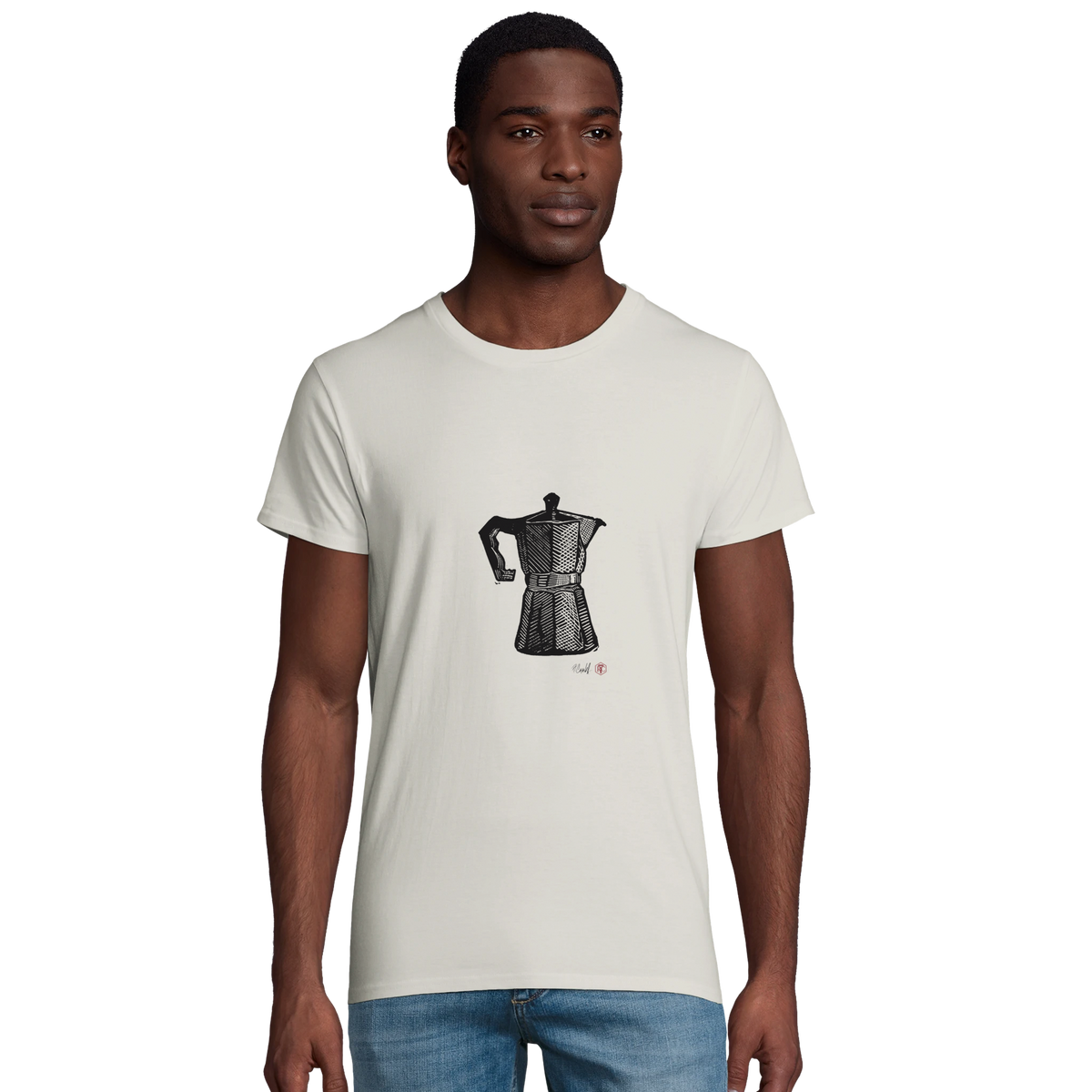 Model wearing T-shirt “Moka Pot”, ash grey, men’s cut – front view